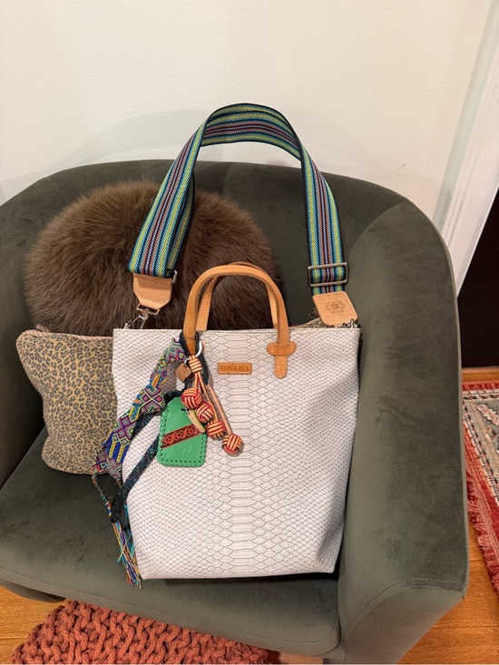 Consuela Handbags - Consuela White Textured Tote with Tan Handles and Multicolor Strap